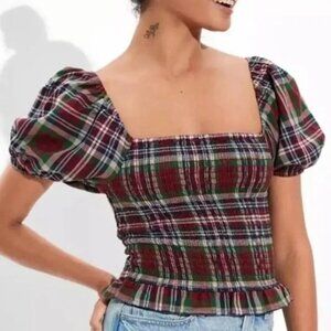 American Eagle Outfitters Tops | Plaid Smocked Puff Sleeve Crop